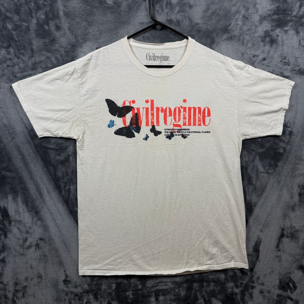 Civil Regime T-Shirt Mens Large Cream Rebel Youth Butterfly Skull Graphic Tee